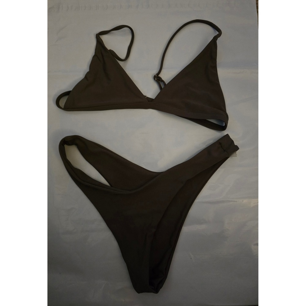 Women Mocha Brown Triangle Bikini Set High Cut V-Front Two Piece Swimsuit Small